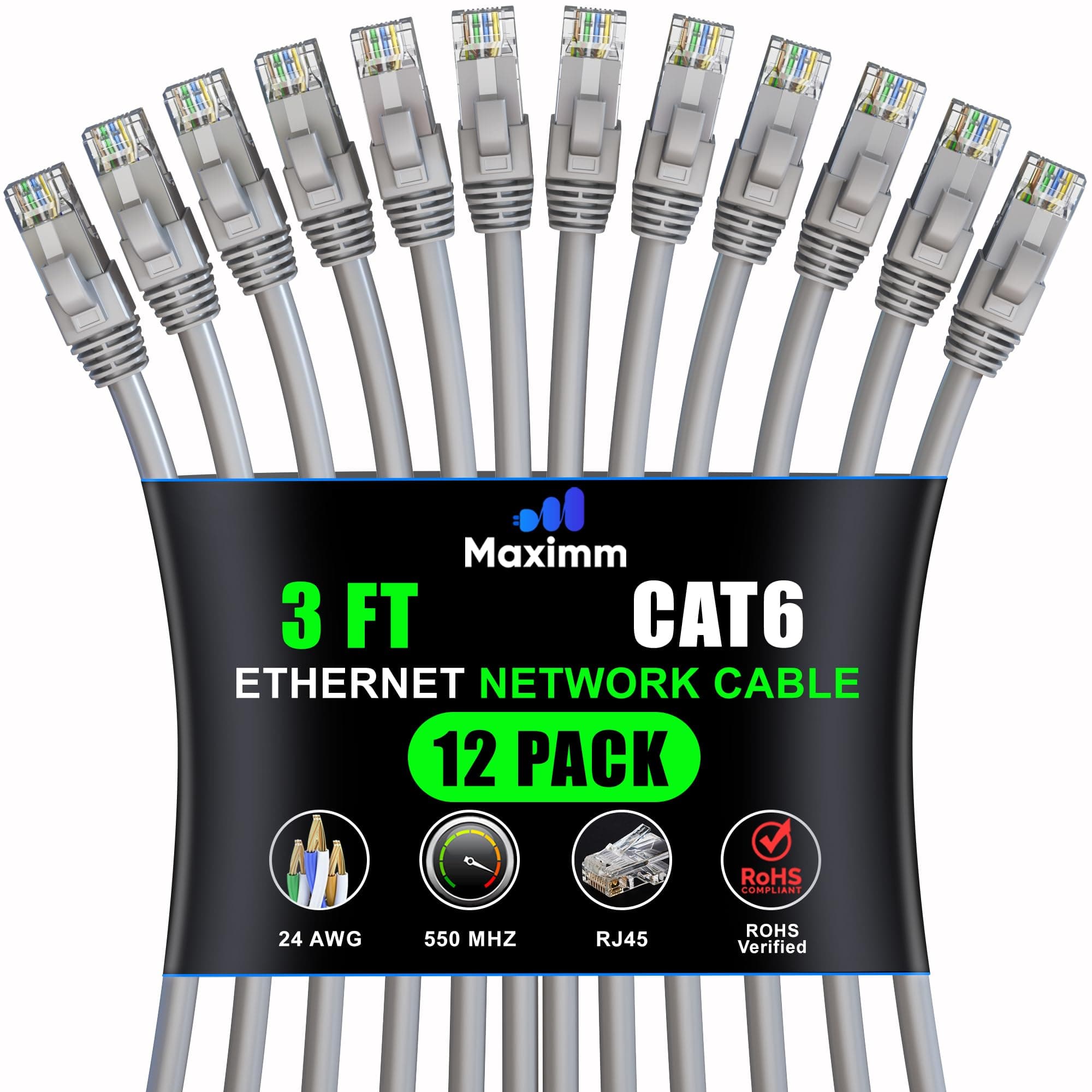 Maximm Maximm Cat 6 Ethernet Cable 3ft (12-Pack) - High-Speed 10Gbps LAN & Network Cables - UTP, 550MHz, Gray