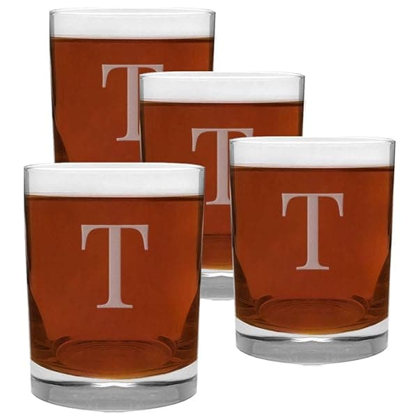 Engraved T-Letter Monogram 4 Piece Glass Set 13.5 Ounce Perfect for Gifts and Home Decor