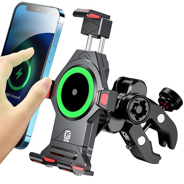 BRCOVAN Motorcycle Phone Mount with 15W Qi Wireless Charger and Vibration Dampener, Metal, Anti-Theft, Anti-Shake, Adjustable Motorcycle Handlebar