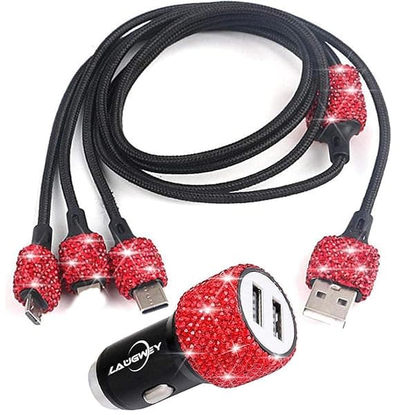 Bling Car Charger Accessories Set with Rhinestone Dual USB Chargers and 3 in1 Braided Cable for Girls and Women Red
