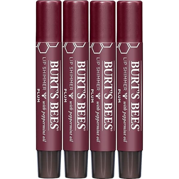 Valentine's Day Gift: Burt's Bees Shimmer Lip Tint 4-Pack - Hydrating Tinted Lip Balm in Plum for All-Day Glow