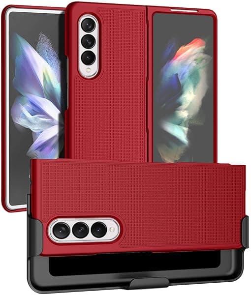 Nakedcellphone Galaxy Z Fold 3 5G Case with Clip & Holster - Slim Hard Cover & Stand Combo in Red | Nakedcellphone