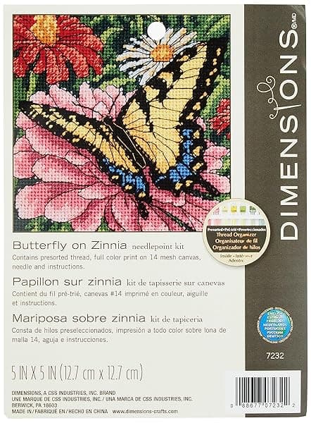 "Dimensions 07232 Butterfly & Zinnias Needlepoint Kit - 5" W x 5" H for Nature Lovers"
