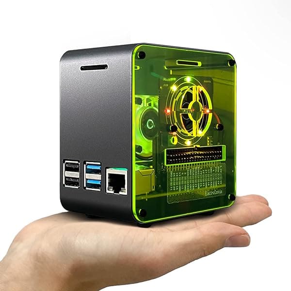 ElectroCookie Raspberry Pi 4 Case: Mini Aluminum Desktop with Cooling Fan & Color-Changing Light - Matte Black & Neon