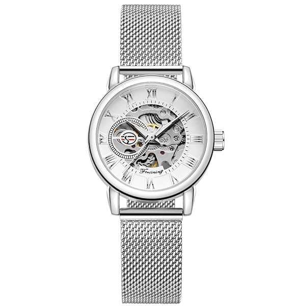 FOR SINING Women's Skeleton Wristwatch: Stylish Waterproof Self-Wind Mechanical Watch with Stainless Steel Mesh Band
