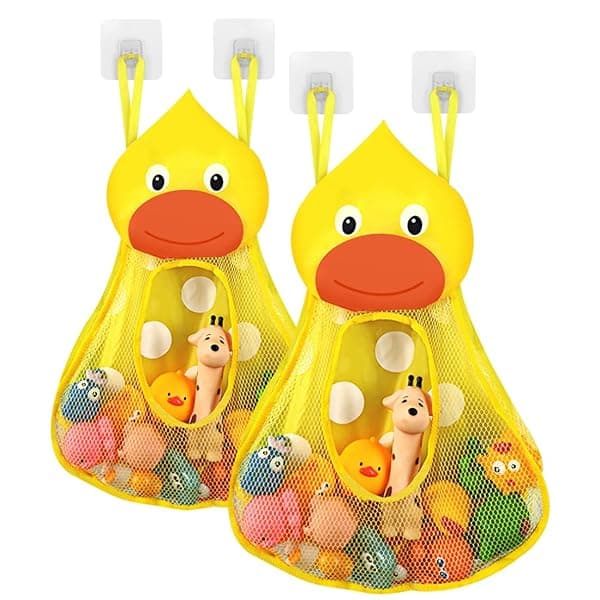 Linkidea Bath Toy Organizer - Duck Design Net Storage Holder with Adhesive Hooks (2pcs) for Tidy Bathtubs
