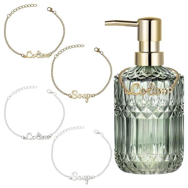 OLYCRAFT 4 Pcs Soap Chain Labels Lotion and Soap Dispenser Chain Labels Gold Silver Soap Tags Lotion Bottle Tags for Farmhouse Rustic Decor Bathroom