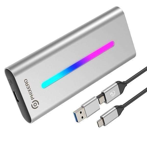 PHIXERO NVMe Enclosure: RGB M.2 SSD Case, USB 3.2 Gen 2, Aluminum, Supports Up to 4TB, Fits PCIe 2280/2260/2242/2230