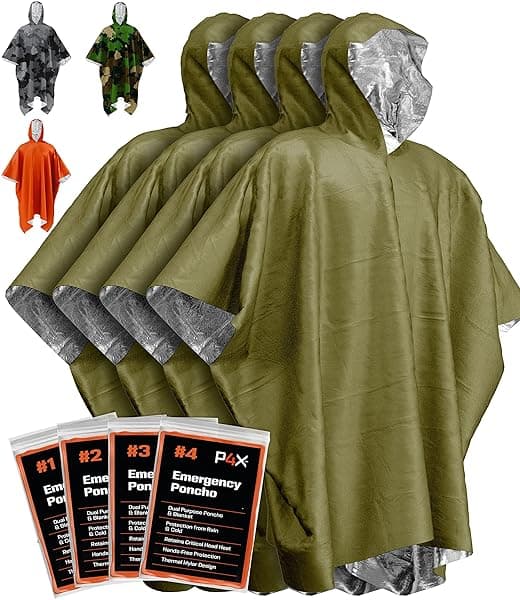 PREPARED4X Emergency Poncho & Mylar Blanket Liner - Heavy Duty Waterproof Green Poncho for Camping & Car Kits - 4 Pack