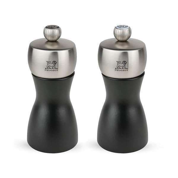 Peugeot Fidji 5-Inch Manual Salt & Pepper Mill Set - Adjustable Beechwood & Stainless Steel Grinders in Matte Black
