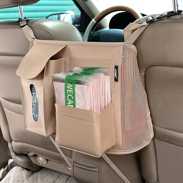 Beige Pocket Handbag Holder & Purse Hook for Car - Leather Seat Back Organizer for Pets & Kids