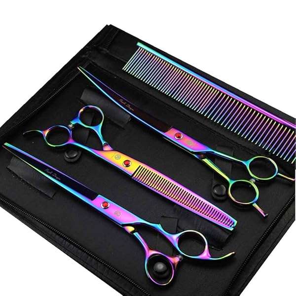 "Purple Dragon 8.0" Titanium Pet Grooming Scissors Set - Straight, Thinning & Curved Shears for Dogs & Cats with Carry Bag"