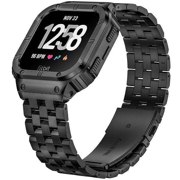 SUPLINK SUPLINK Stainless Steel Bands for Fitbit Versa 4, 3, 2 & Sense - Durable Black Watch Strap & Protector Cover for Men
