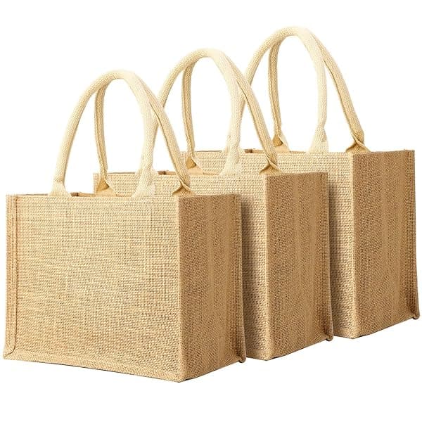 Segarty Burlap Tote Bags, 3 Pcs Small Natural Jute Reusable Gift Favors Bag with handles Blank Tote Bulk for Bridesmaid Wedding, Women Market Grocery