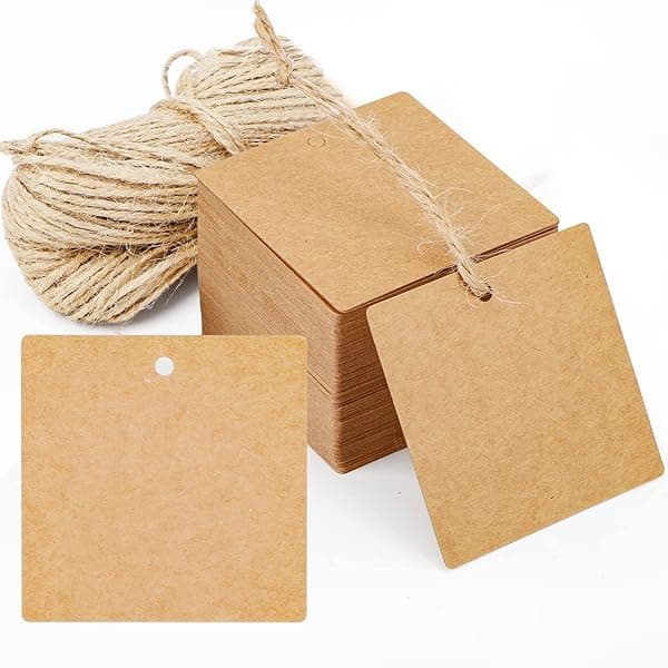 Segarty Gift Tags - 100 Pcs Brown Square Kraft Paper Tags with 65 Feet Jute Twine, Perfect for Gifts Wrapping, Crafts Project, Name Cards