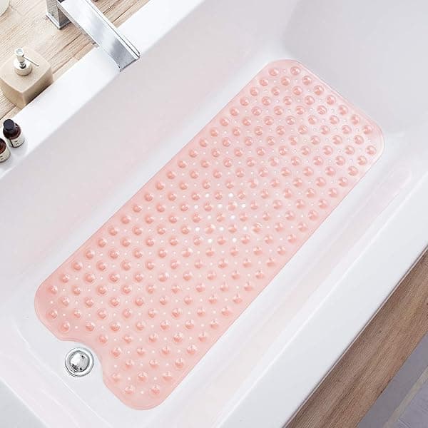 TEESHLY Extra Long Non-Slip Bath Mat 39x16 Inch - Machine Washable Shower Mat with Drain Holes & Suction Cups (Clear Coral Pink)