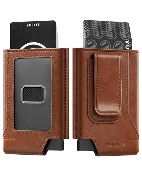 VULKIT Mens Slim Leather Wallet RFID Blocking Card Holder with Money Clip Brown Minimalist Design