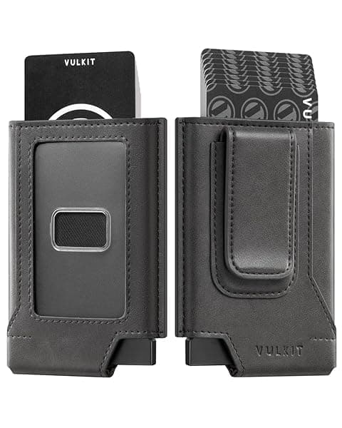 VULKIT Mens Slim Leather Wallet RFID Blocking Card Holder with Money Clip Grey Minimalist Design