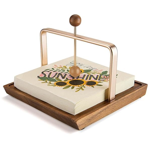 Wood Napkin Holder for Table, Square Tabletop Napkin Dispenser with Sophisticatedly Metal Center Bar, Cocktail Napkin Holder for Home, Kitchen,