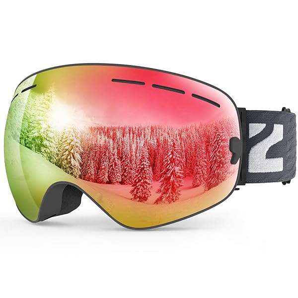 ZIONOR X Ski Goggles for Men & Women - OTG Design, UV Protection, Anti-Fog, Spherical Detachable Lens (VLT 21%, Black Frame, Revo Red)
