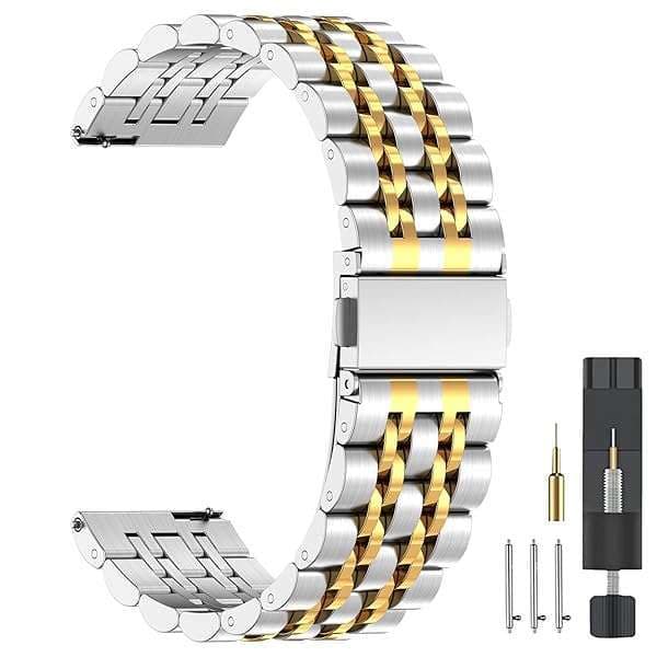 ZPJPPLX 20mm Metal Watch Band Replacement for Galaxy Watch 4/5 Pro & Garmin - Quick Release Straps in Silver & Gold