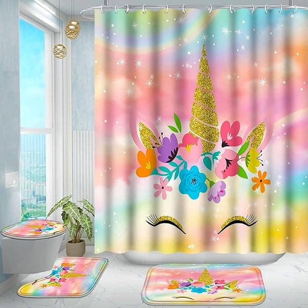 Poedist 4 Pcs Kids Bathroom Shower Curtain Set with Rugs and 12 Metal Hooks in Multicolor Cute Flowers Design